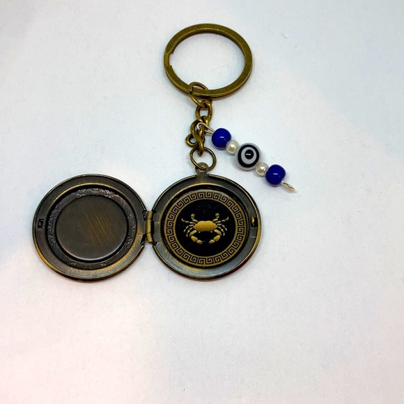 Zodiac Cancer Locket Keychain: Nurturing Energy w/ Greek Key & Evil Eye Charm - Picture 2 of 3